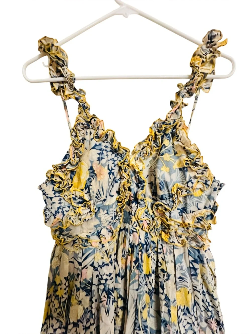 ALICE McCALL Gardenia Dress Gold Bloom Floral Ruffle Silk Blend Mini Dress